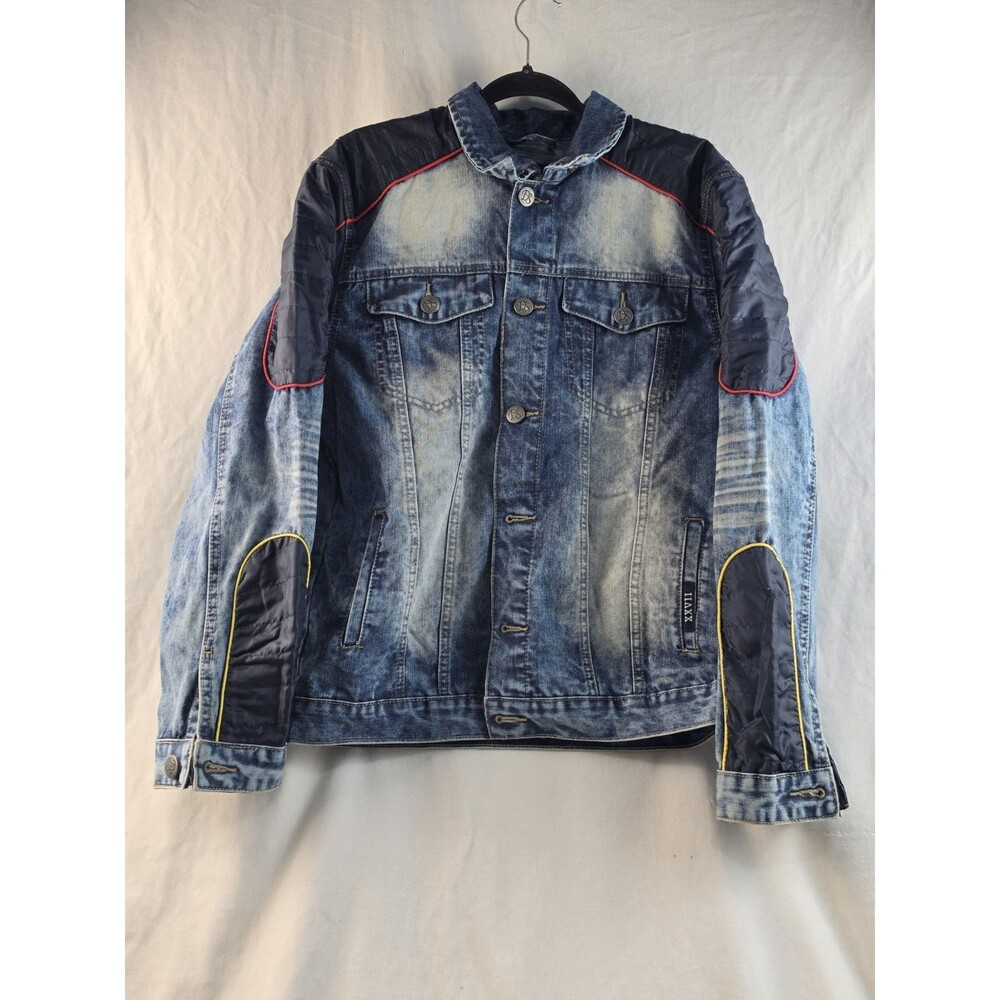 Diamond Stash Quilted Panel Moto Denim Trucker Jacket Distressed